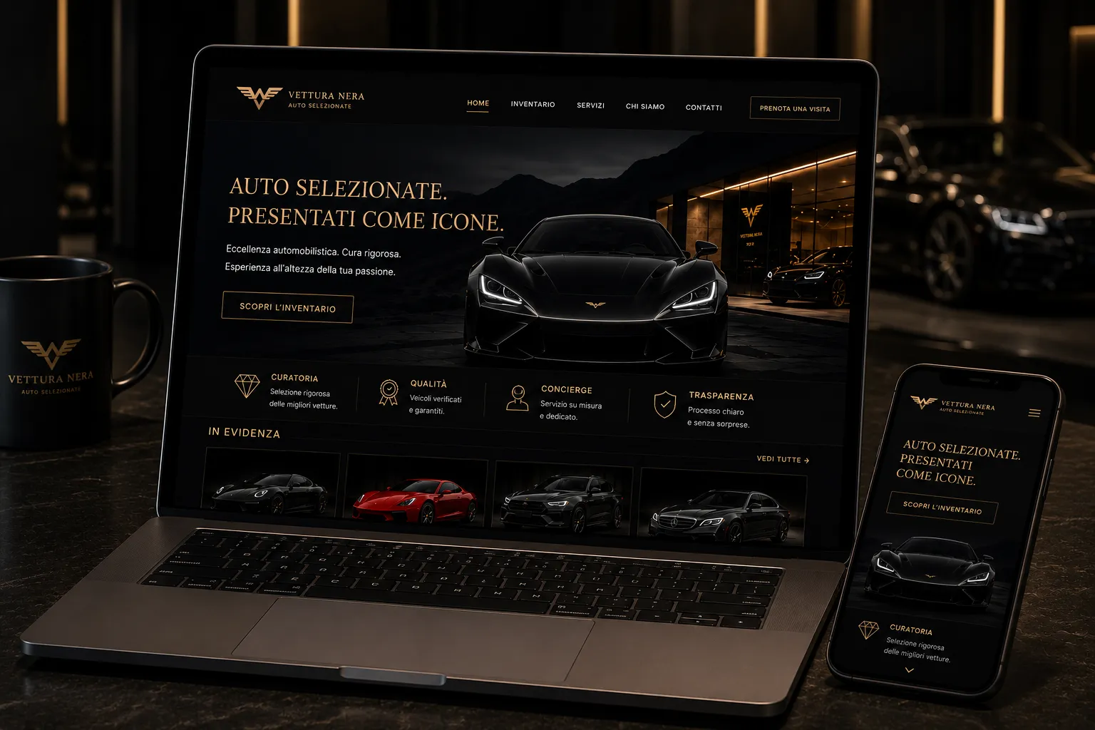 Vettura Nera — mockup digital desktop