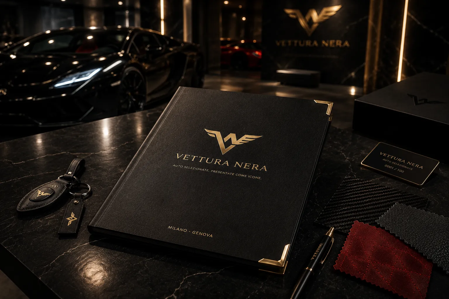 Vettura Nera — mockup principal de identidade visual